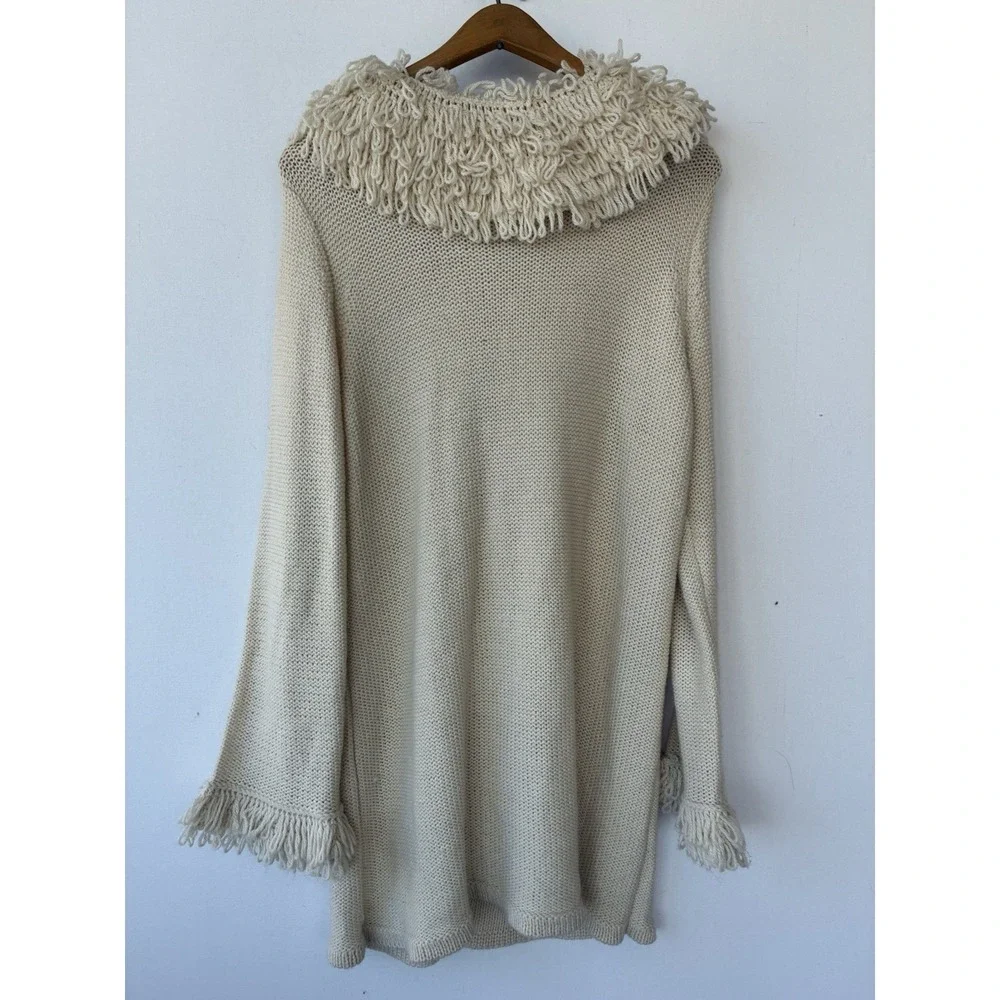 Alfani White Loopy Knit Cardigan‎ Fringe Bohemian Wool Blend Womens XL